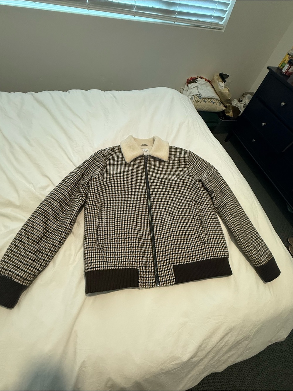 Zara Houndstooth Bomber Jacket with Cream Sherpa Collar